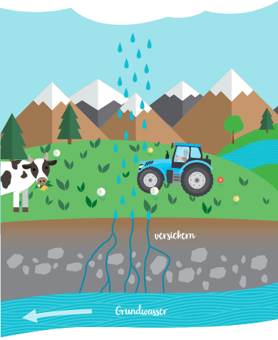 trinkwasserschutz infografik regen berge wiese kuh traktor boden wasser versickert grundwasser