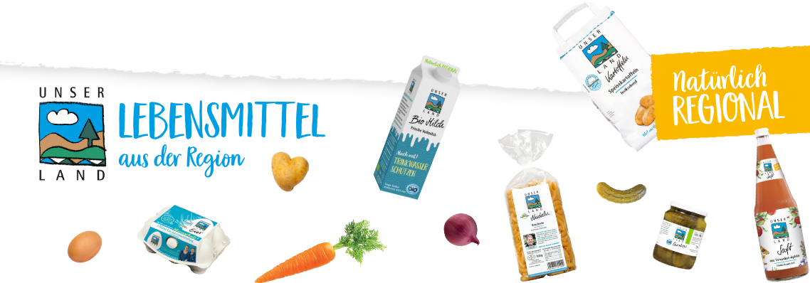 unser land lebensmittel aus der region: mehl flocken zucker brot heu stroh milch joghurt käse suppen honig fruchtaufstriche getrönke gemüse essig öl senfe saucen haselnüsse linsen sauerkonserven wurst nudeln fisch eier
